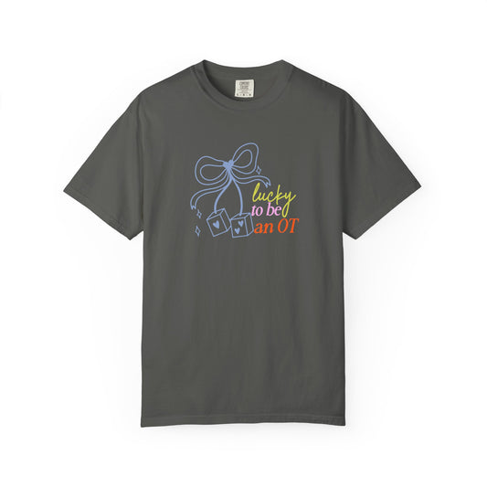 lucky to be an OT dice bow comfort colors tee