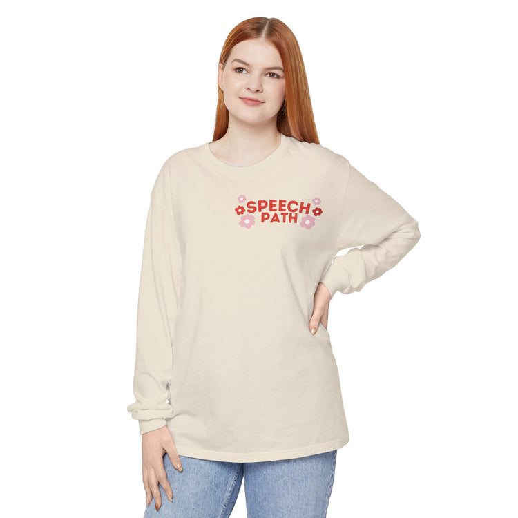 speech path red flowers comfort colors long sleeve tee