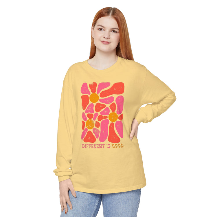 different is good retro flower comfort colors long sleeve tee