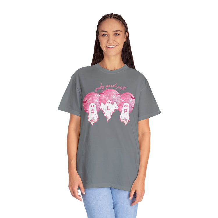 spooky speech pink disco ghosts comfort colors tee