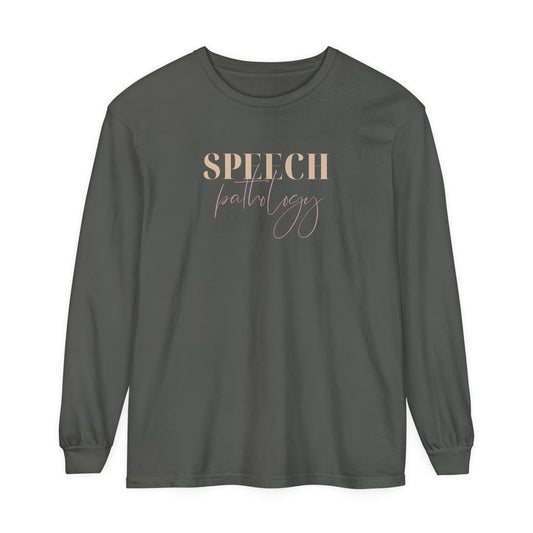 speech pathology cursive purple comfort colors long sleeve tee