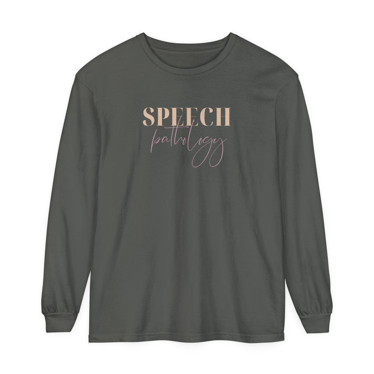 speech pathology cursive purple comfort colors long sleeve tee