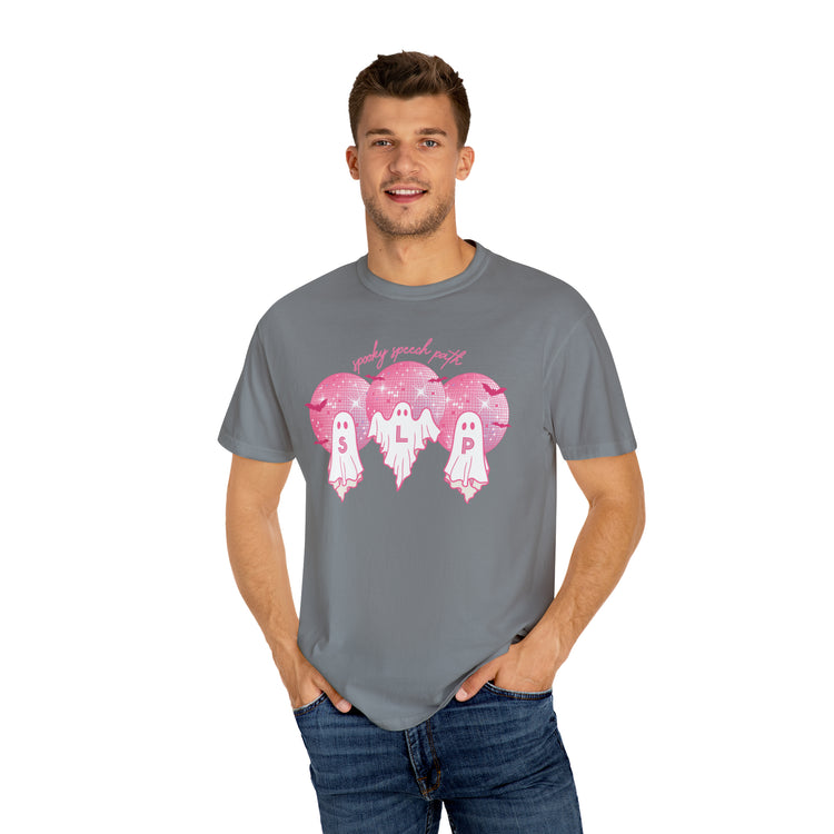 spooky speech pink disco ghosts comfort colors tee