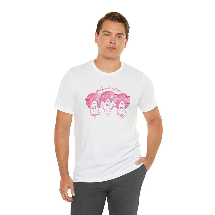 spooky rehab team pink disco ghosts short sleeve tee