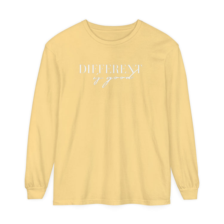 different is good cursive comfort colors long sleeve tee