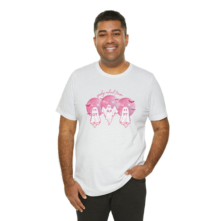 spooky rehab team pink disco ghosts short sleeve tee