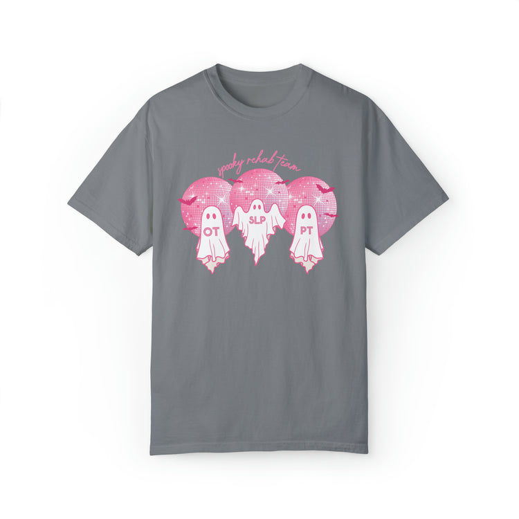 spooky rehab team pink disco ghosts comfort colors tee