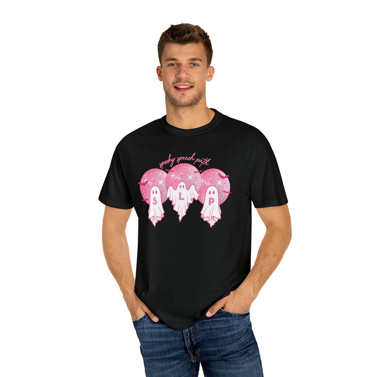 spooky speech pink disco ghosts comfort colors tee