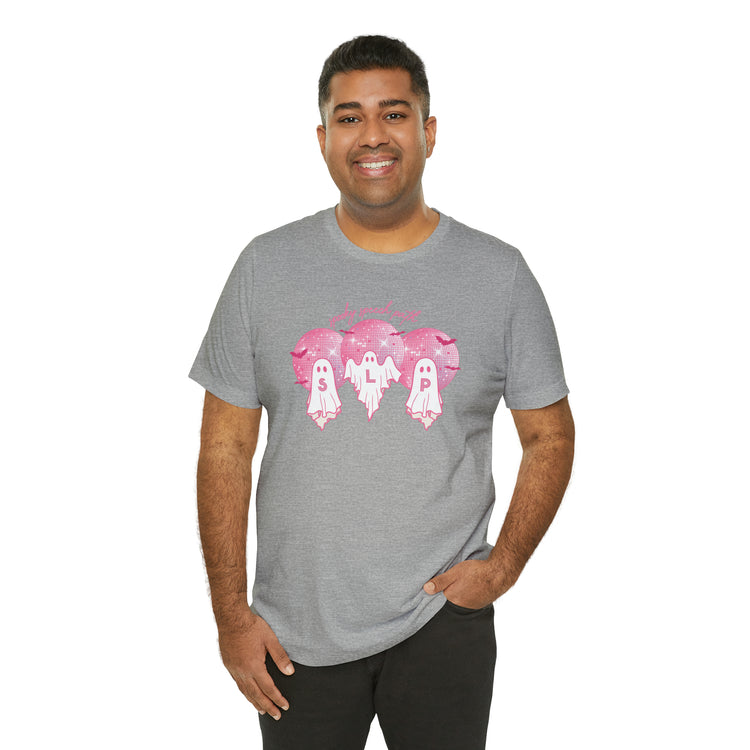 spooky speech pink disco ghosts short sleeve tee