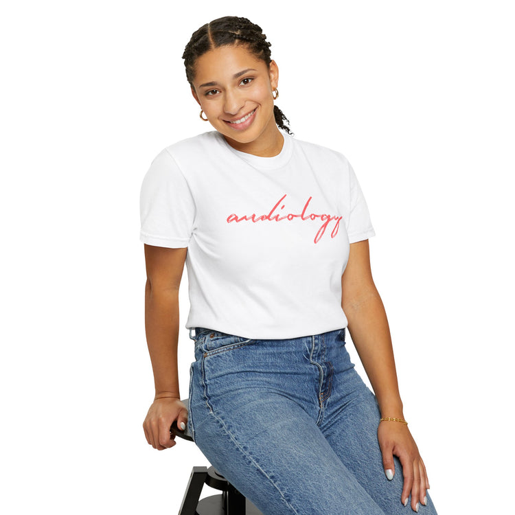 red cursive audiology comfort colors tee