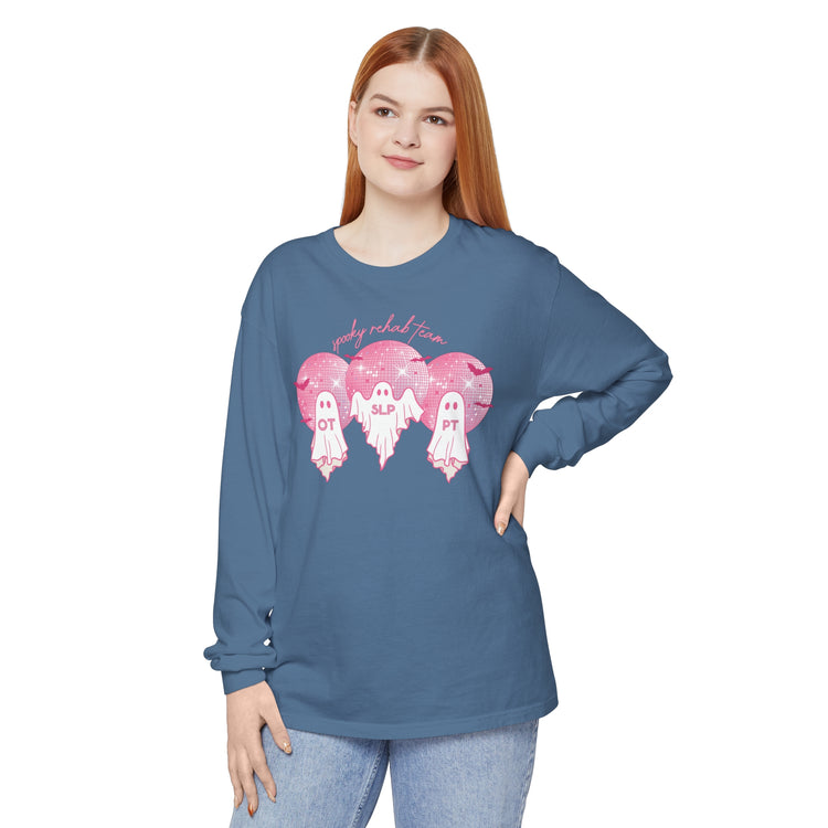 spooky disco ghosts rehab team comfort colors long sleeve tee