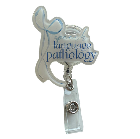 blue bow speech pathology badge reel