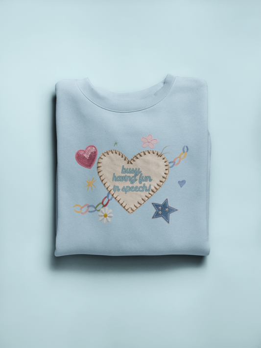 busy having fun patches crewneck