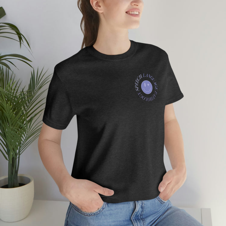 speech language pathology purple smiley short sleeve tee