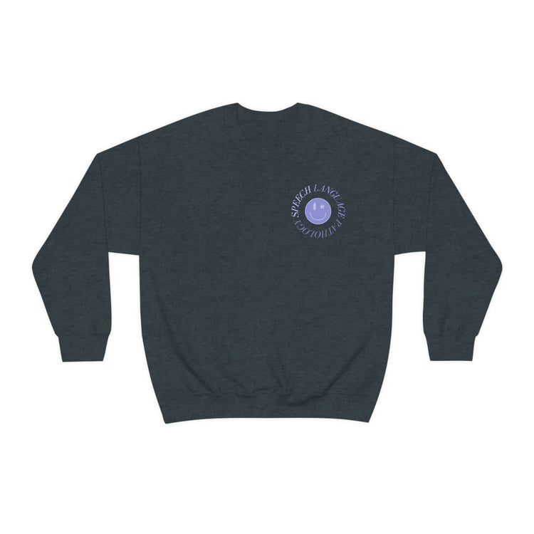 speech language pathology purple smiley crewneck