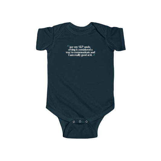 SLP uncle jersey fit onesie - crying is communication