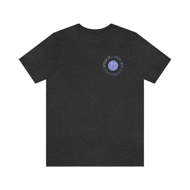 speech language pathology purple smiley short sleeve tee