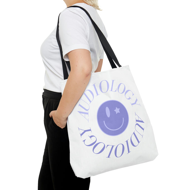 audiology smiley purple tote bag