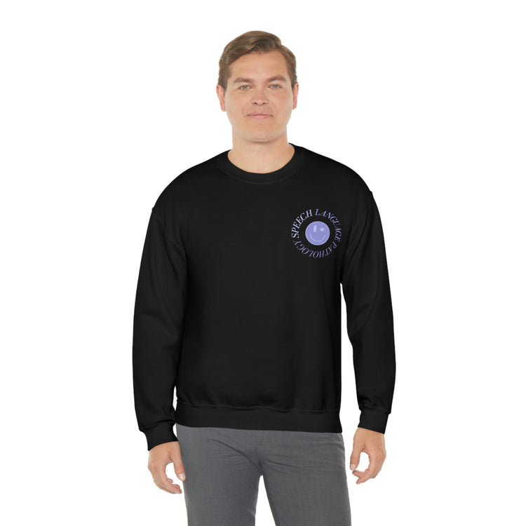 speech language pathology purple smiley crewneck