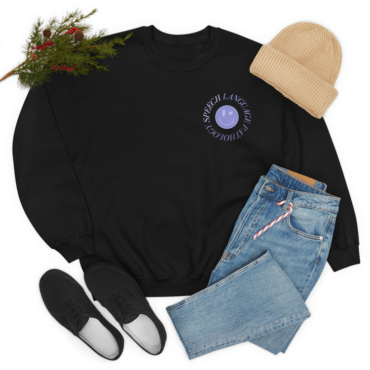 speech language pathology purple smiley crewneck