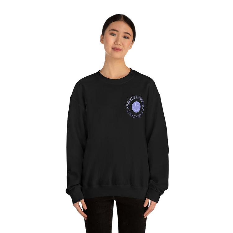 speech language pathology purple smiley crewneck