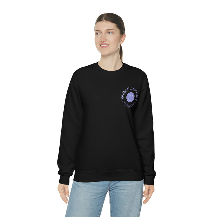 speech language pathology purple smiley crewneck