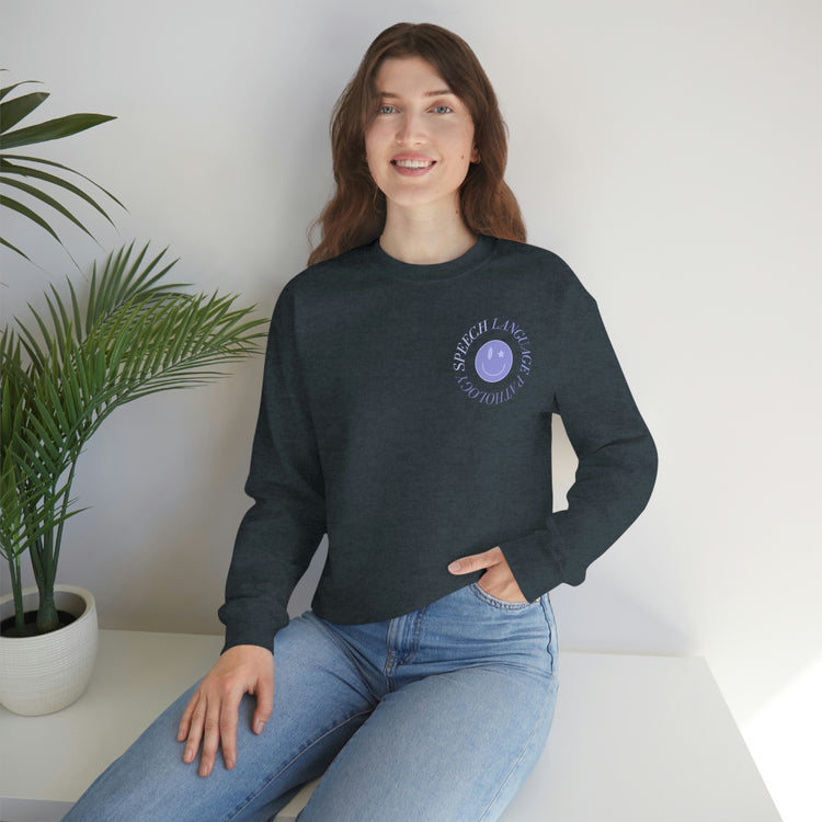 speech language pathology purple smiley crewneck