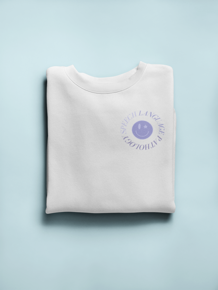 speech language pathology purple smiley crewneck